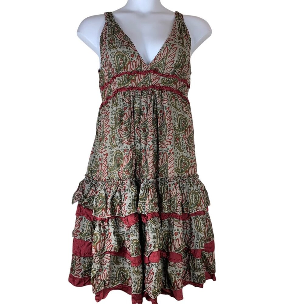 Karma Highway Dress Size Small V Neck 100% Cotton Tiered Red Gray